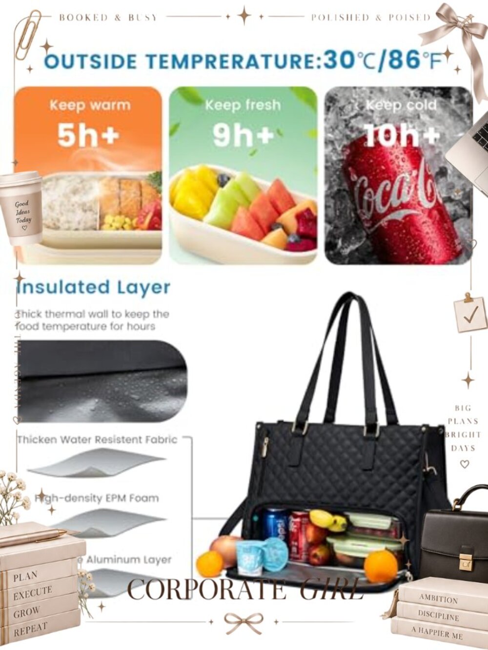 Insulated Lunch Tote Bag 15.6 Inch Laptop Compartment with Wallet - Picture 3 of 6